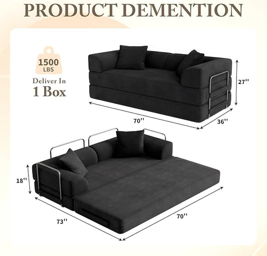 Cloud Boneless Convertible Sofa Bed, 5-in-1 Foldable Compressed High-Density Sponge Sofa, 70" Corduroy Fabric 2 Seater Sleeper Couch Futon Daybed for Living Room Bedroom (Black)