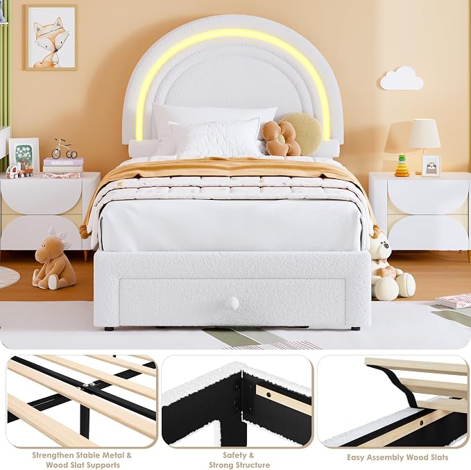 GarveeHome Twin Upholstered LED Bed Frame - with Storage Drawer and Rainbow Headboard, Berber Fleece Princess Platform Bed for Kids, Solid Wood Slat Support, No Box Spring Needed, Easy Assembly, White