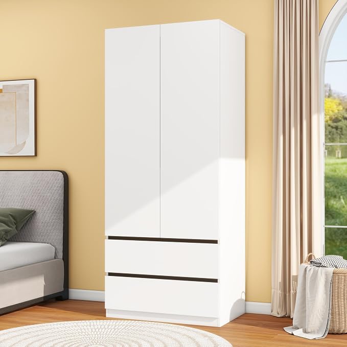 White Wardrobe Closet with Doors: 75" Large Capacity Bedroom Armoire, Wooden Cabinet with 2 Drawers, Hanging Storage Shelves with Hanging Rod (Contemporary, 1)