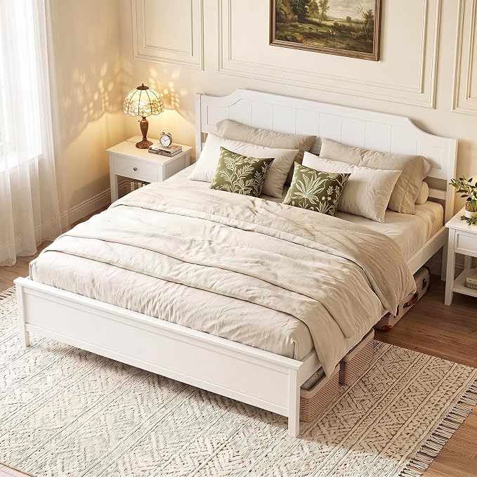 Giantex King Size Wooden Bed Frame with Headboard, Wood Slat Support | Farmhouse Platform Bed with Heavy Duty Mattress Foundation, Under-Bed Storage, No Box Spring Needed, Easy Assembly (White)