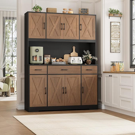 HOSTACK 71" Tall Pantry Cabinet with Charging Station, 55" Wide Kitchen Pantry Storage Cabinet with Countertop, Large Kitchen Hutch with Storage Drawers for Dining Room, Brown/Black