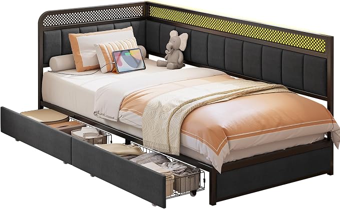 LIKIMIO Twin XL Corner Bed Frame, Modern Daybed with Upholstered Guardrail | Under-Bed Storage Drawers, Built-in Charging Station, Adjustable Smart LED Lights, Gray