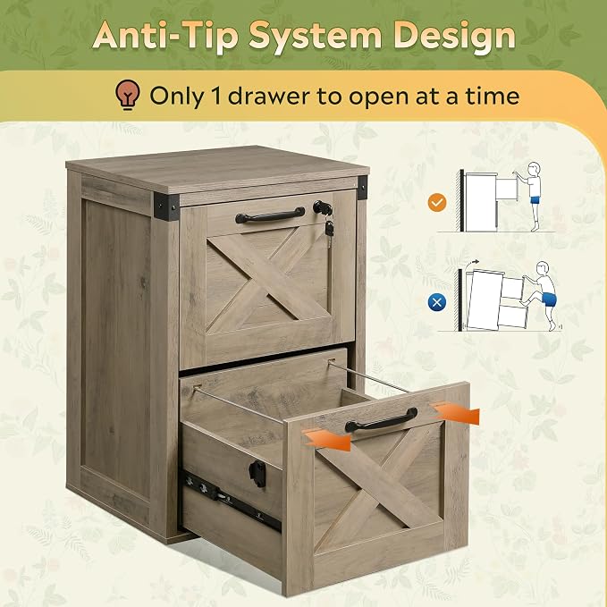 DEVAISE 2 Drawer File Cabinet with Lock, Wood Farmhouse Filing Cabinet for Home Office, Printer Stand Fits Letter and A4 Size, Gray Oak