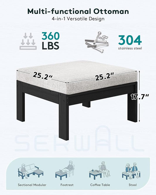 SERWALL Outdoor Ottoman with Cushions for Sofa Set, Black HDPE Frame with Beige Cushions