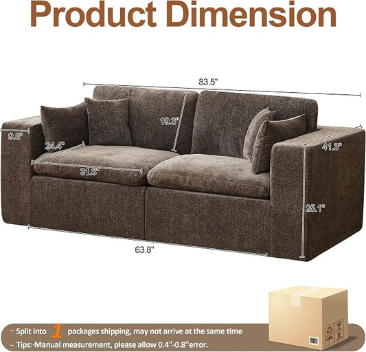 83''Cloud Boneless Modular Sectional Sofa, Deep Seat Sectional Couch, Upholstered Convertible Comfy Memory Foam Sofa Loveseat Chenille Memory Foam Couches for Living Room, Brown