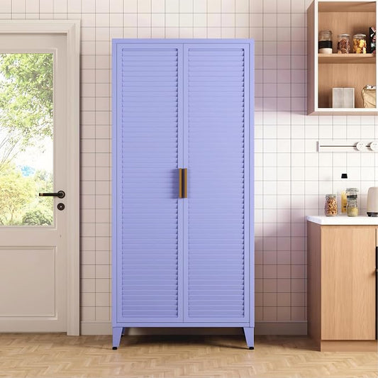 61" Tall Purple Kitchen Pantry Cabinet, Farmhouse Metal Pantry Storage Cabinets, with 2 Louvered Door and 3 Adjustable Shelves, Multipurpose Storage Organizer, for Home, Entryway, Kids Room