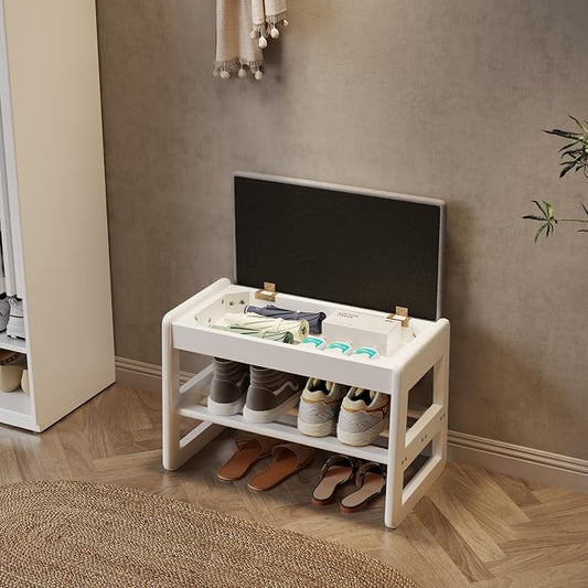 AQIMUELE Shoe Rack Bench,2 Tiers Shoe Bench with Storage with Flip-Top,Wood Shoe Rack for Entryway,Hallway(White Upholstered Seat,11.8" D x 23.62" W x 15.7" H)