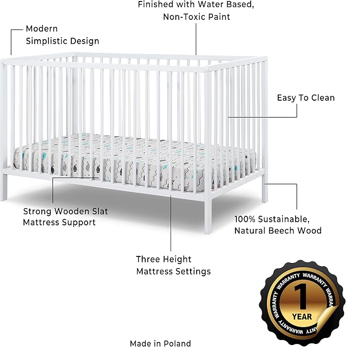 Sorelle Furniture Happy 3-in-1 Convertible Crib, Baby Crib to Toddler Bed, Sustainable Beech Wood, Non-Toxic Finish, Simplistic Nursery Furniture - White