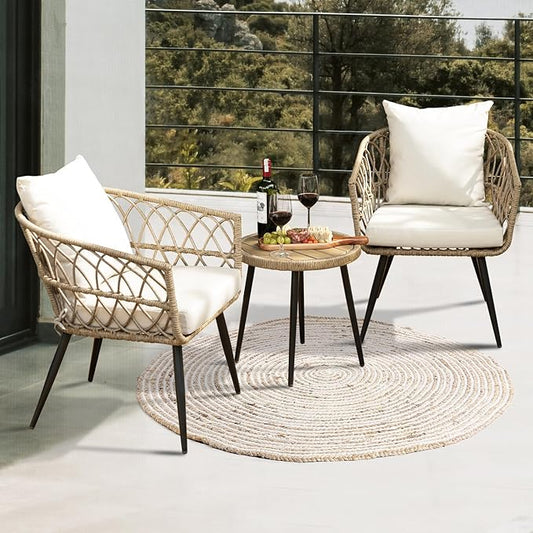Idzo Heavy Duty 500lbs Weight Capacity Wicker Bistro Table and Chairs Set of 2 with Premium Olefin Fabric Soft Cushions