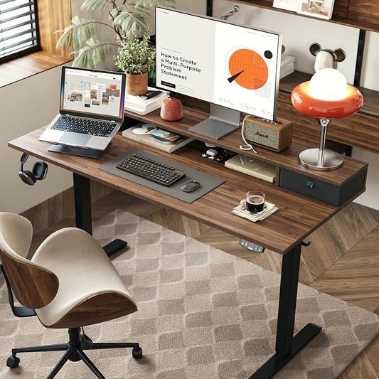 Agilestic 48 x 24 Inches Electric Standing Desk with 2 Storage Drawers, Adjustable Height Sit and Stand Computer Table with Splice Board, Dark Walnut