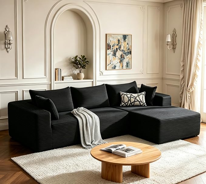 Mangodan 110” Cloud Sectional Couch, Boneless Sofa for Living Room, Modular Sectional Sofa with Deep Seat, Comfy Fluffy Couch with L-Shaped Chaise, No Assembly Required (Right-Facing Chaise, Black)