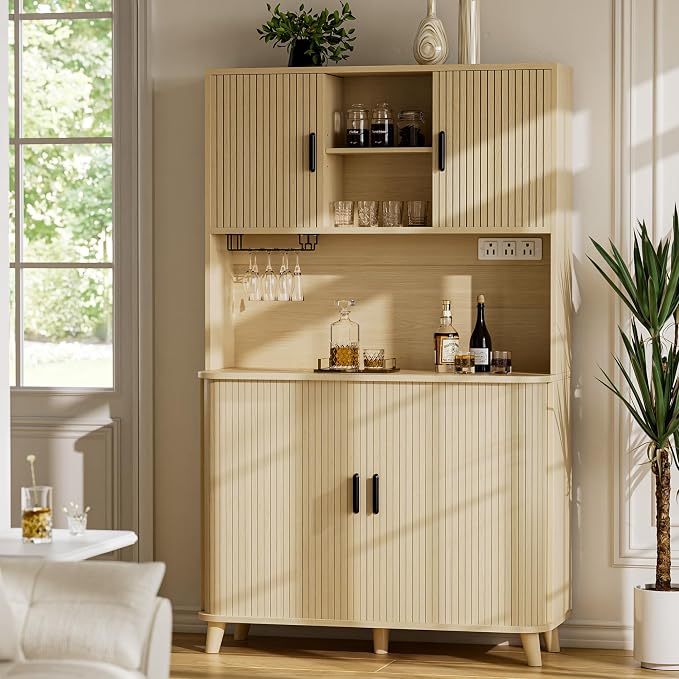 Lulive 71" Tall Pantry Cabinet with Rolling & Sliding Doors, 39" Wide Kitchen Storage Cabinet with Charging Station and Open Countertop, Modern Kitchen Pantry Cabinet for Dining Room, Natrual