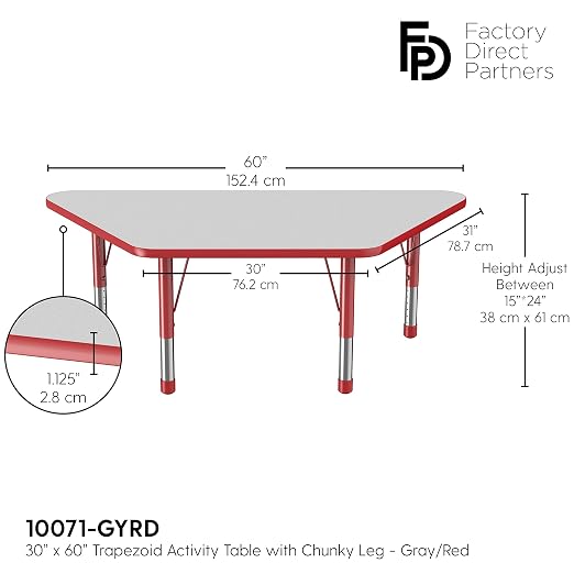 FDP Trapezoid Activity School and Classroom Kids Table (30 x 60 inch), Chunky Toddler Legs for Collaborative Seating Environments, Adjustable Height 15-24 inches - Gray Top and Red Edge