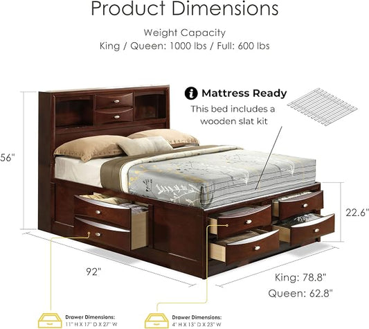 Furniture of America Darius Transitional Solid Wood 3-Piece Queen Platform Bedroom Set with Drawers, Bookcase Headboard and Knob Pulls, Mattress Ready, Dark Cherry