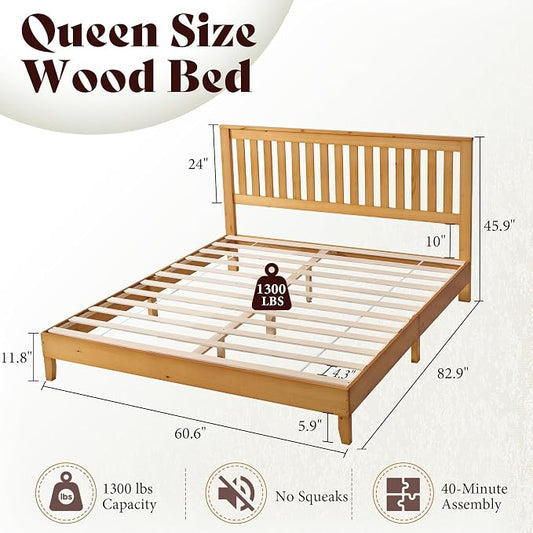 AMERLIFE Queen Size Bed Frame, Solid Wood Platform Bed with Vertical Slats Headboard, Wooden Bedframe Queen, Sturdy Wooden Slats Support, No Noise, Light Wood
