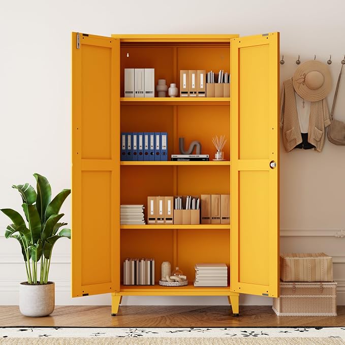 61" Yellow Metal Storage Cabinet and Lock, 2-Door Metal Locker Cabinet with Adjustable Shelves, 4-Tier Steel Storage Locker for Bedroom Living Room Kitchen Home Office Size:61"H X 27.6"W X 13.8"D