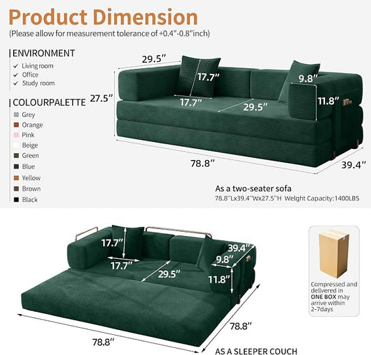 78.8" Convertible Sofa Bed with Armrest Pillow, 4-in-1 Sleeper Couch Bed for Livingroom, Modular Corduroy Boneless couches, No Assembly (Forest Green)