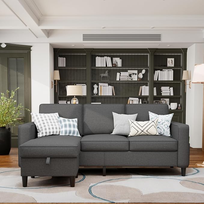 78" Sectional Sofa Couches for Living Room, 3 Seat L Shaped Convertible Couch with Storage Ottoman, Comfortable Pet-Friendly Linen Fabric Sofa Set for Small Space, Apartment, Office, Dark Grey