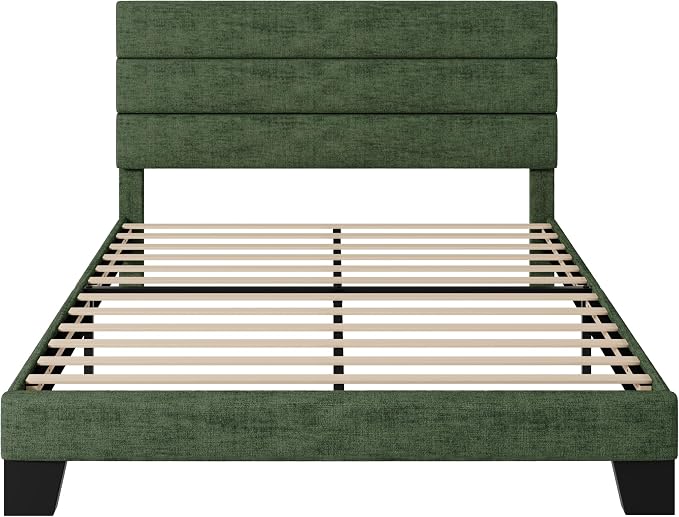 Allewie Queen Size Platform Bed Frame with Fabric Upholstered Headboard and Wooden Slats Support, Fully Upholstered Mattress Foundation/No Box Spring Needed/Easy Assembly, Green