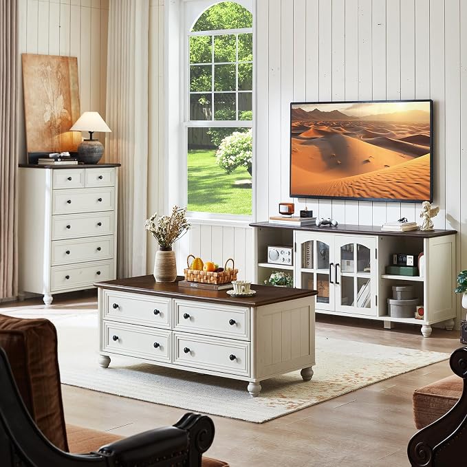 RWYHG 48" Farmhouse Coffee Table with Hidden Storage,Wooden Coffee Tables with 4 Drawers & Roman Column Handle,Rectangular Rustic Center Table with Solid Wood Curved Base for Living Room,Office,White