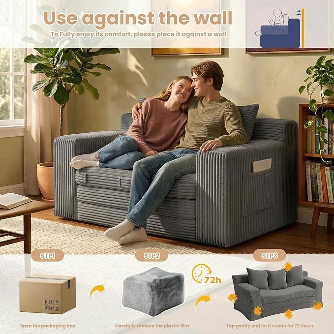 Boneless Loveseat Sofa Bed, Tri-Folding Convertible Futon Sleeper with Handle & Side Pockets, 54'' Boneless Couch with Hook and Loop No Assembly for Small Space,Living Room & Bedroom