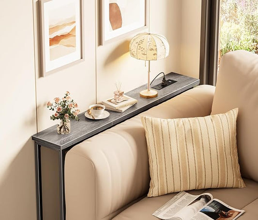SUPERJARE 5.7 Inch Console Table with Outlet, Sofa Table, Behind Couch Table, 5.7 x 39.4 x 29.7 Inches, Metal Frame, Charging Station, Charcoal Gray