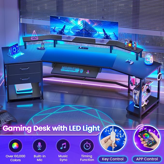 Itaar 79" Gaming Desk with 2 Fabric Drawers, Long Computer Desk with Power Strip & LED Lights, U Shaped Desks with Storage and Cup Holder, Large Gaming Table for Bedroom, Carbon Fiber Black
