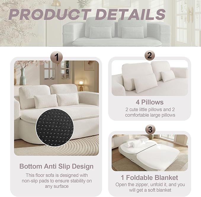 75" Boneless Couch Bed,Fold Up Sleeper Sofa for Adults, Memory Foam Floor Couch with 4 Pillows & Blanket, No Assembly Foldable Guest Bed for Apartment,Living Room