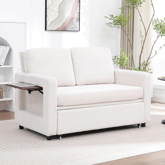 3 in 1 Folding Convertible Sleeper Sofa Bed Pull Out Couch with Side Pockets USB Port Side Table Loveseat Sofa Bed with Adjustable Backrest for Living Room Bedroom 66" Beige 2 SEAT