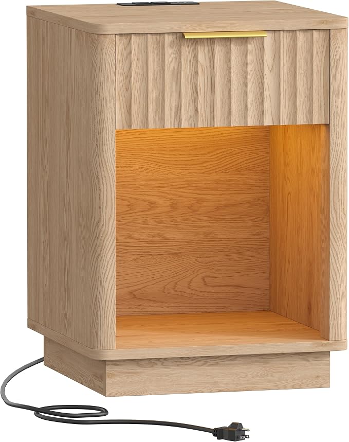 Akxomel Fluted Nightstand, Wooden Night Stand with Charging Station and LED Light, Modern Mid Century End Table with Drawer, 15" D x 15.7" W x 22.6" H, for Bedroom, Natural Oak