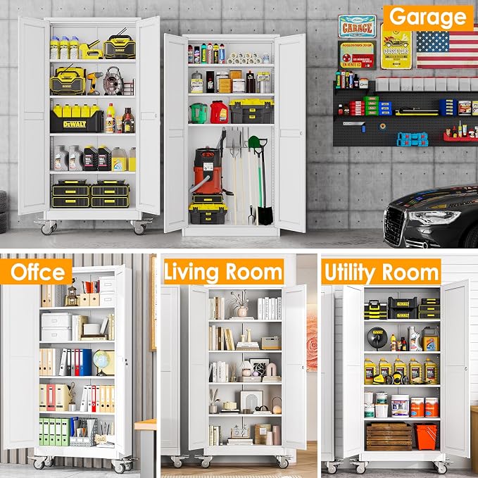 PAOFIN 71''H Tall Metal Garage Storage Cabinet with Wheels,Steel File Cabinets with 2 Doors and 4 Adjustable Shelves for Home Office, Warehouse, Required Assembly,White