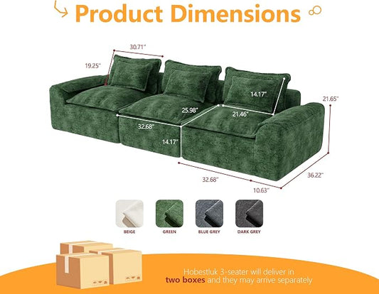 Hobestluk 120" Cloud Sectional Couch 3-Seater Sofa with Deep Seat Modular Sofa with Removable Cover Large Sofa Couch for Living Room (Green, 3-Seater Sofa)