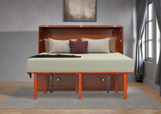 Mega Solutions Notturno Murphy Cabinet Bed Queen 8 inch Save Space in Style with Elegant Cognac Wood Finish Charging Station - Guest Room or Small Apartment Must-Have