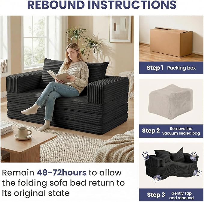 Convertible Sofa Bed, 4-in-1 Boneless Loveseat with Removable Armrests Backrest, Corduroy Futon Couch Bed with Pillow, Foldable Mattress Sleeper Sofa for Living Room Bedroom Small Place (Black)