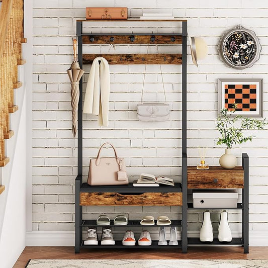 HOOBRO Hall Tree with Bench, Shoe and Coat Rack for Entryway, Coat Rack with Bench, Flip Top Storage Box, PU Cushioned Seat, Non-Woven Fabric Drawer, for Entrance, Rustic Brown and Black BF110MT01