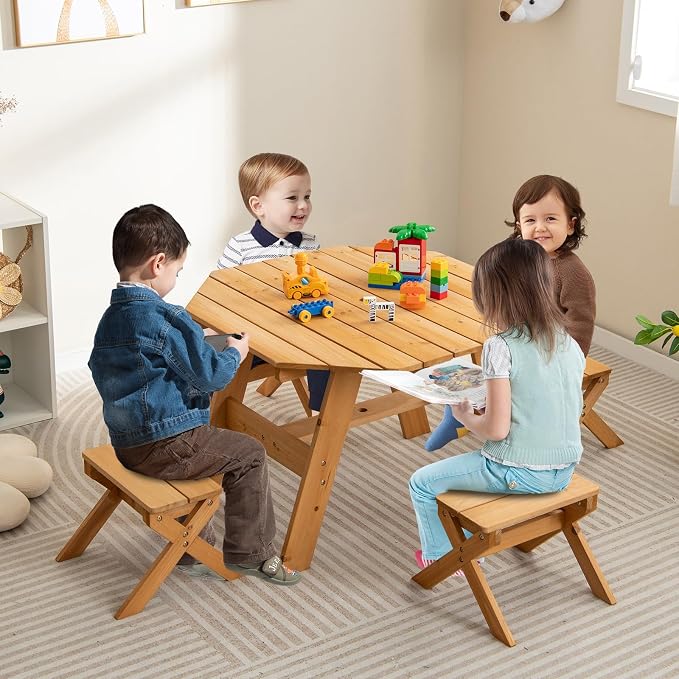 Costzon Kids Picnic Table, Fir Wood Octagon Kids Table and Chair Set with Removable Umbrella, Toddler Activity Table for Backyard, Garden, Patio, Kids Outdoor Furniture for Boys Girls (Natural)