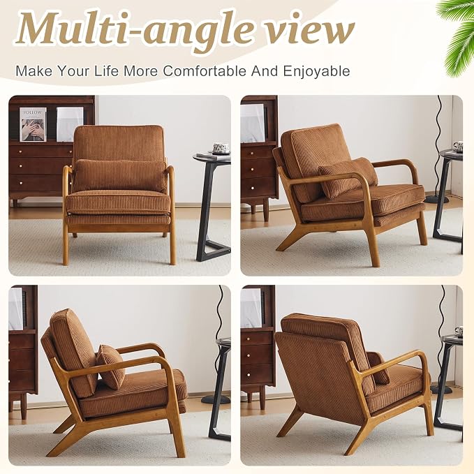 VINGLI Upgraded Premium Corduroy Accent Chair,Upholstered Arm Chair,Solid Wood Comfy Reading Chair with Pillow, Mid Century Modern Chairs for Living Room,Bedroom,Brown