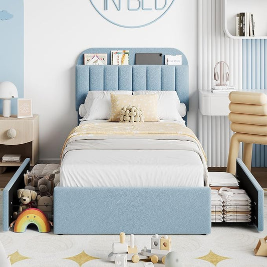 Garvee Twin Size Bed Frame with 2 Flexible Drawers, Boucle Upholstered Platform Bed Frame with Bookcase Headboard, Bedframe for Kids/Boys, Easy Assembly, No Box Spring Needed, Noise Free, Blue