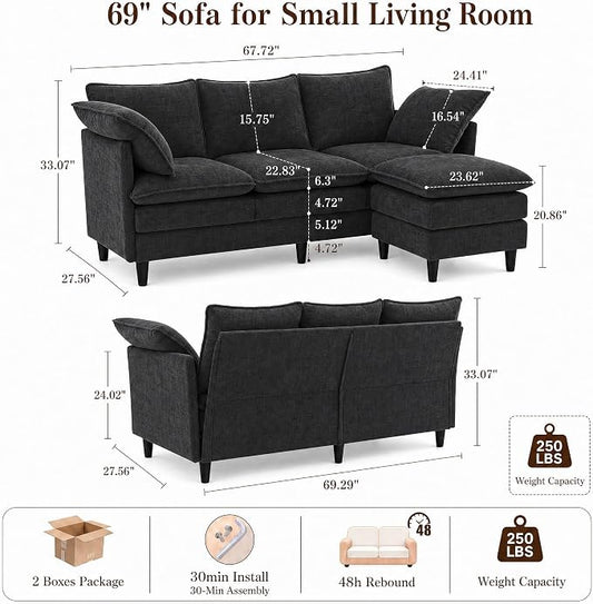 Convertible Sectional Sofa, 69" Small Cloud L-Shaped 3-Seat Couch with Movable Ottoman & Curved Armrest, Modern Chenille Fabric for Living Room, Apartment and Small Space, Black