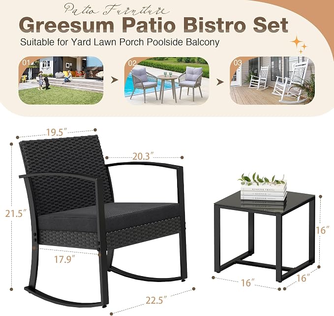 Greesum 3 Pieces Outdoor Furniture Set Patio Bistro Rocking Chairs with Glass Coffee Table for Pool Beach Backyard Balcony Porch Deck Garden, Black