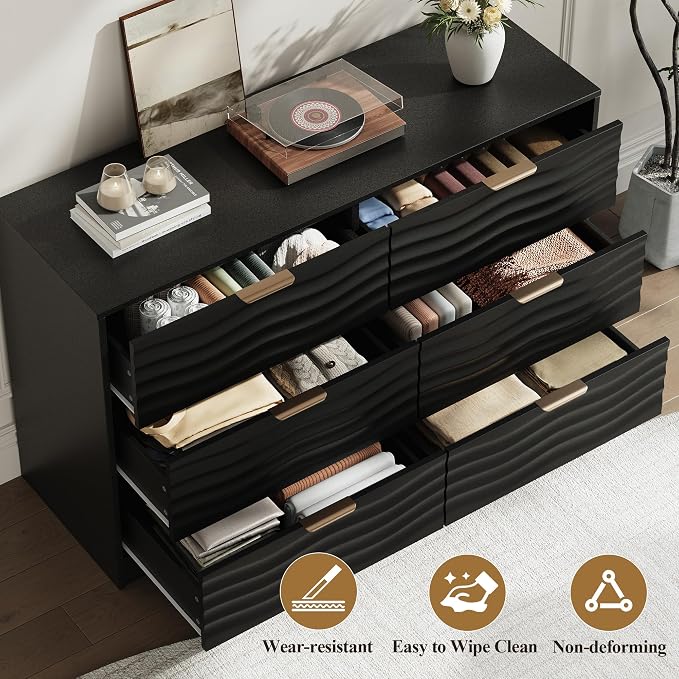MALOL Coastline Fluted 6 Drawers Dresser for Bedroom, 48" Wide Modern Chest of TV Stand Organizers with Metal Handle, Storage Wooden Dresser Drawer for Living Room, Hallway, Closet, Black Wood