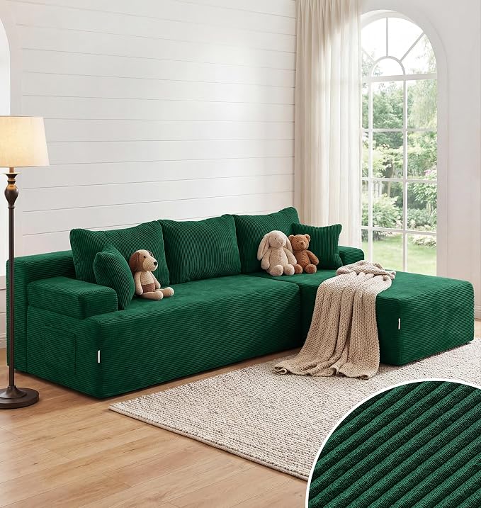 Hobestluk Modular Sectional Sofa Couches L-Shape Couch 3 Seat Modular Sofa Memory Foam Sectional Couches for Living Room, Cloud Couch with Oversized Chaise (Green Corduroy, 96", Right Hand Facing)