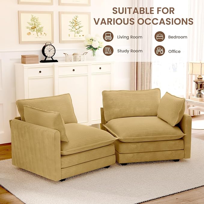 ROWHY 78'' Sectional 2 Seat Cloud Loveseat with 2 Throw Pillows, Modern Corduroy Love Seat, Convertible Cozy Sofa for Living Room, Bedroom and Office, Yellow