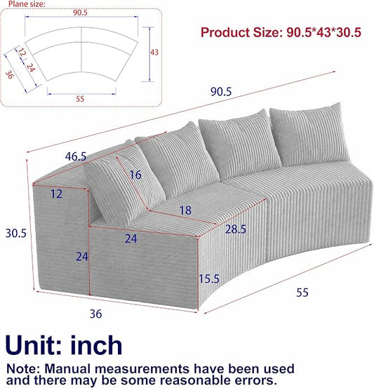 KEIKI Corduroy Curved Sectional Sofa, 2 Seater Symmetrical Modular Semi Circular Couch, Deep Seat Tufted Corner Sofa for Living Room, Lobby, Black