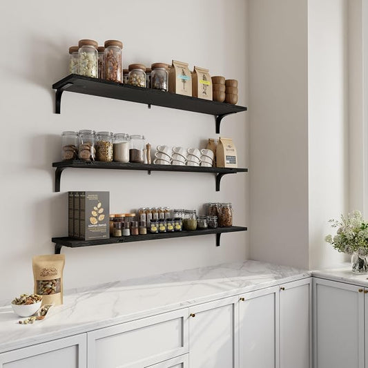 Deep Floating Shelves, 12 Inch Extra Wide Solid Wood Wall Shelves, 48 Inch Long Heavy Duty Wall Mounted Bookshelf for Living Room, Kitchen and Bedroom, Set of 3 (Black)