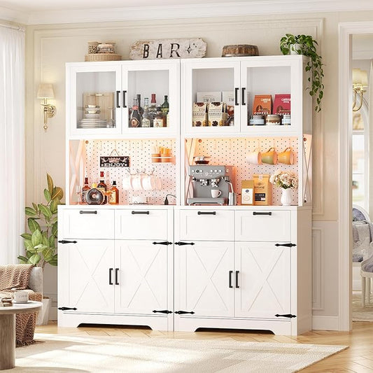 Unikito 71" Tall Kitchen Pantry Storage Cabinet with LED Light & Outlet, 63" Wide Kitchen Hutch Cabinet with Large Countertop, DIY Pegboard and Drawers, Farmhouse Food Pantry for Living Room, White