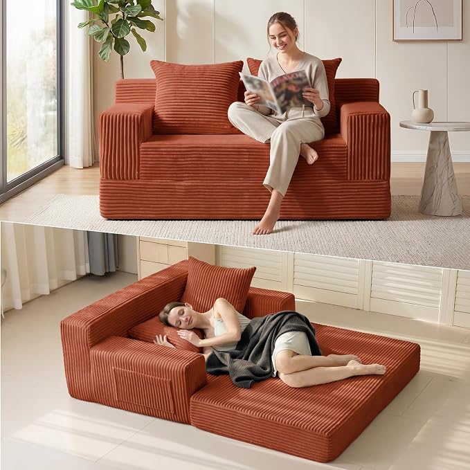 Erament Convertible Sofa Bed, Loveseat Folding Floor Futon Sleeper Sofa Couch Bed- Boneless Foldable Couch, Corduroy Pull Out Sofa Bed with 2 Pillows for Living Room & Bedroom