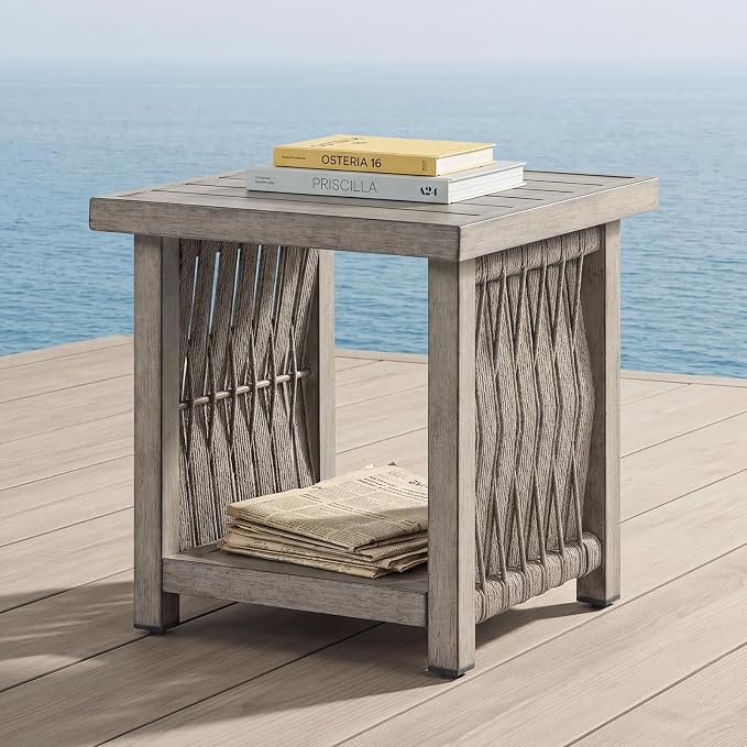 Outdoor Side Table, Aluminum Square Patio Side Table, 2-Tier Rope Weave Outdoor End Table with Adjustable Legs, Never-Rust Patio Table Outside Furniture for Garden, Pool, Beach, Deck, Gray Oak