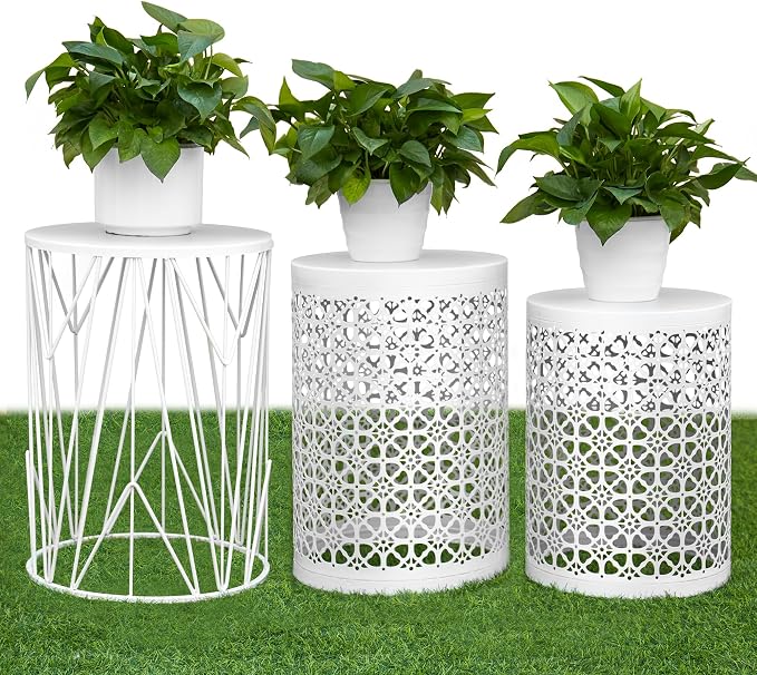HFHOME Set of 3 Heavy-Duty Round End Table, Side Table, Coffee Table for Indoor Multifunctional Use, Outdoor Decorative Garden Stool Plant Stand-White