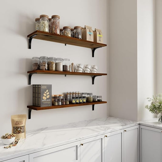 12 Inch Deep Floating Shelves Set of 3, 36 Inch Extra Wide Walnut Solid Wood Wall Shelves with 150 lbs Capacity, Heavy Duty Farmhouse Wall Mounted Shelving for Kitchen, Living Room & Bedroom